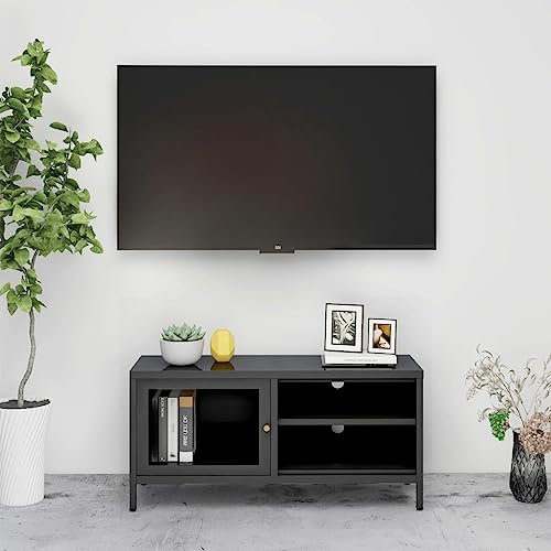 QJBSAVVA TV-Schrank, Tv Lowboard Tv Eckschrank Wohnwand Tv Board Geeignet für Schlafzimmer Kleine Räume Den Flur Fernseher Anthrazit 90x30x44 cm Stahl und Glas