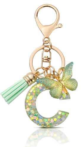 MORSUNBELA Porte-clés avec lettre initiale papillon porte-clés pour adolescentes et filles, Vert-C., S