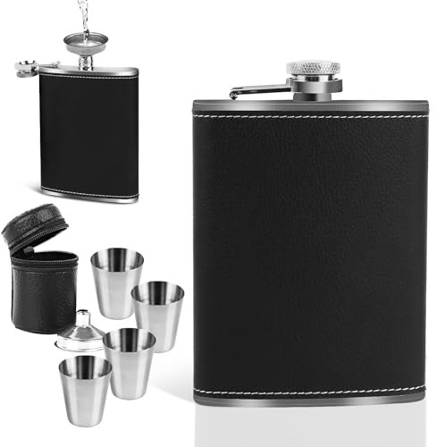 Flasque de Whisky,Flasque en Acier Inoxydable, Flasque de Poche Portable,4pcs Tasses et 1pcs Entonnoir En Acier Inoxydable,pour Randonnée, Camping, Escalade, Pique-Nique,Voyage,Pêche