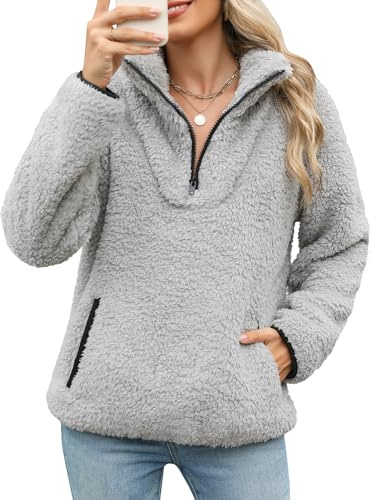 Tuopuda Pullover Damen Sweatshirt Herbst Winter Flauschig Pulli Fleece Weich Langarmshirt mit 1/4 Zip Taschen Langarm Locker Oberteile Tops Shirts Winterpullover ohne Kapuze