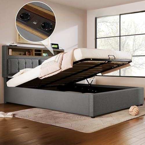 Letto Matrimoniale 140x200 cm Con Contenitore, USB C, Testiera e Vano Portaoggetti - Struttura Con Rete a Doghe, Una Piazza e Mezza