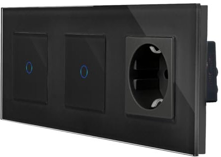 Luxus-Time 3-fach Rahmen mit 2x Touch Lichtschalter und Schuko Steckdose für Unterputz Einbau Doppelschalter Sensor Schalter (Glasrahmen 2x Lichtschalter + Steckdose, Schwarz)