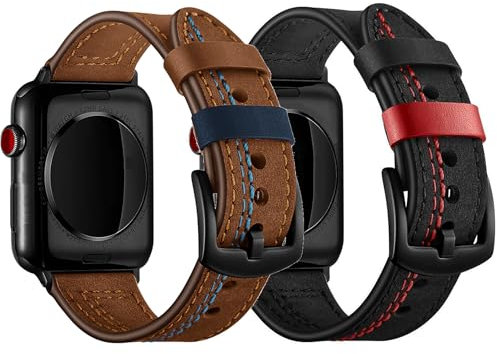 PROBULL Bracelet de montre en cuir véritable pour Apple Watch Ultra 10 9 8 7 6 5-1 SE pour 49 46 45 44 42 41 40 38 mm Noir Marron Bracelet de montre en cuir véritable avec coutures rouges, 38/40/41mm,