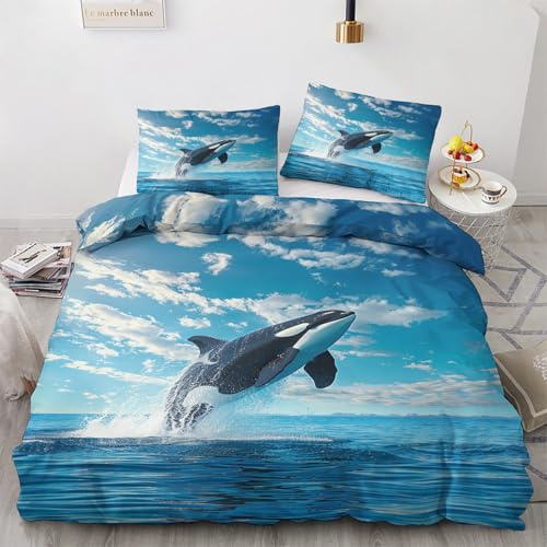 Generisch Killerwal Deko - Winter Bettwäsche 135x200 Killerwal, Meerestiere Orca Bettbezug 135 x 200 2er Set mit 1 Kissenbezug 80x80, Weiche Mikrofaser Winterbettwäsche mit Reißverschluss X*&212