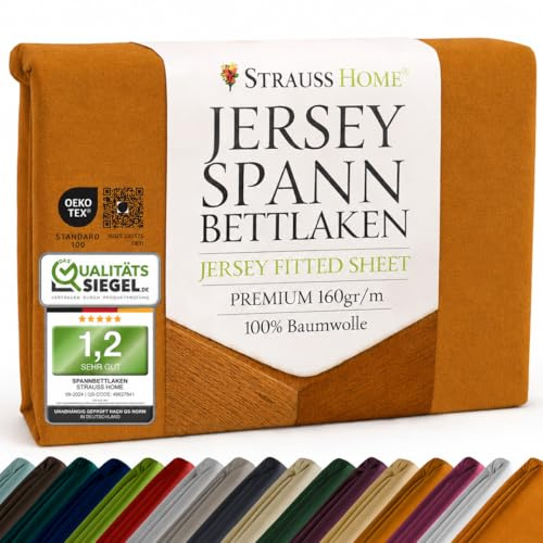 Strauss Home Premium Spannbettlaken Jersey 140x200-160x200 cm - 160 g/m² 100% gekämmte Baumwolle, 25 cm Steg, Oeko-TEX - für Standardmatratzen Doppelbett - Senfgelb