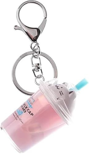 Wpppan Pink Keychain Milk Tea Cup Key Ring,Cartoon Cat Car Keychain Mini Milk Tea Cup Liquid Crystal Sequin Key Ring Bag Pendant Decoration Accessories,Keyrings and Keychains for Wonmen's and Men's