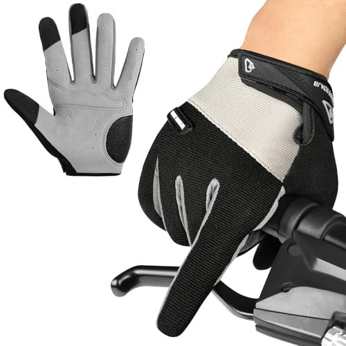 BUTBU Guantes de Ciclismo para Hombres y Mujeres, Guantes de Ciclismo con Dedos Completos, Guant-es Bicicleta Montaña, para Bicicleta de Montaña, Escalada y Deportes Al, Gris, L