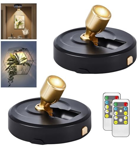Drahtlose LED Scheinwerfer, 2 Stück Batteriebetriebene Bild-Lichter Puck-Lichter, Beleuchtung im Innenbereich mit Fernbedienung, Spot Licht für Wandkunst Anzeige Dartboard Malerei Kunstwerk Akzent Sch