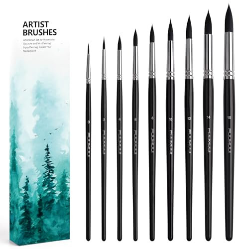 Pinceaux Aquarelle Professionnel - 9 Pinceaux Ronds d'artiste pour Aquarelle,Gouache | Pinceaux en Poil D’écureuil Synthétique pour Un Flux Constant | Watercolour Brushes, Pinceau Poil Synthétique
