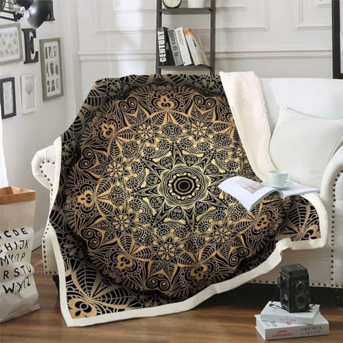 Loussiesd Boho Mandala Decke 150x200cm Kuscheldecke böhmischen Stil für Jugendliche Luxus Golden Schwarz Mandala Dekor Wohndecke Exotisches Blumenmuster Flanell Fleecedecke