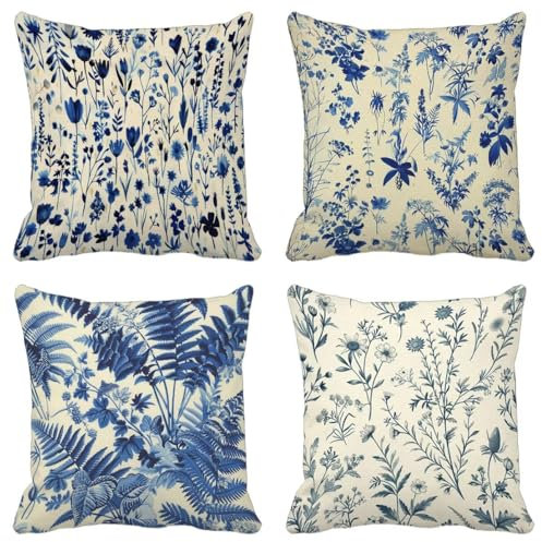 Outdoor Cushions 55 x 55 cm Set of 4 Retro Sofa Cushion Covers Blue Waterproof Linen Pillows Case Throw Pillows With Lnvisible Zipper for Patio Garden Farmhouse Bench Car Home Decor Gifts Women 4-8