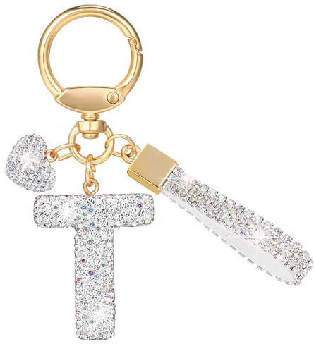 MWOOT Paillettes Porte Clé Lettre avec Strass, Argenté Initial Porte Clé Keychain, Porte Clef Lettre Sac Keyring Pendentif Décoratif, Brillant Porte Clef Voiture Charm, Porte Clé Cadeau pour Femme(T)