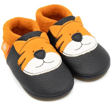 Orangenkinder Amigo KITA Hausschuhe - Kinder Barfußschuhe mit Tiermotiven aus Bio-Leder; Atmungsaktive Lauflernschuhe mit rutschfester Gummisohle für Jungen und Mädchen