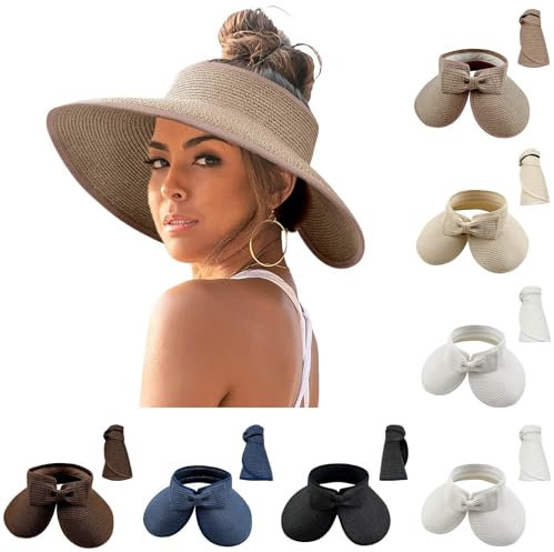 Sombreros de Paja para Mujer, Sombreros Plegables con Visera, Viseras para el Sol para Mujer, ala Ancha Cola de Caballo de Paja, Sombrero de Playa de Verano