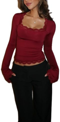 Acrawnni Damen Y2k Spitzenbesatz, Glockenärmel, bauchfreies Oberteil, quadratischer Ausschnitt, schmale Bluse, Sommer, Ausgehen, modische Hemden