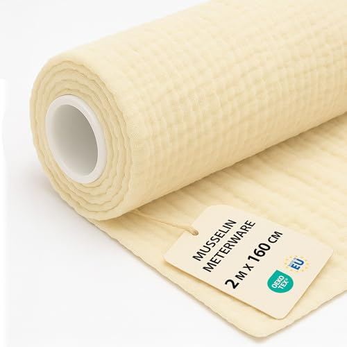 Musselin Stoff Meterware 2 M x 160 cm - Baumwollstoff Stoffe zum Nähen ideal für Bettwäsche Decke Kinder Tuch Tischläufer leichte Baumwolle Fabric Musselinstoff Oeko-Tex-Zertifikat Hellbeige