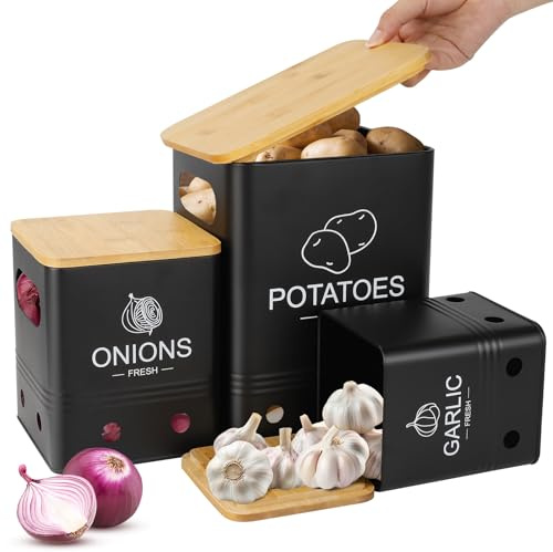 Otauoaea Kartoffel Aufbewahrungsbox, 3er Set Kartoffel Zwiebel Knoblauch Aufbewahrung mit Bambusdeckel | Eckig & Nistbar & Stapelbar für Küche, Speisekammer | Hält Gemüse Länger Frisch | Schwarz