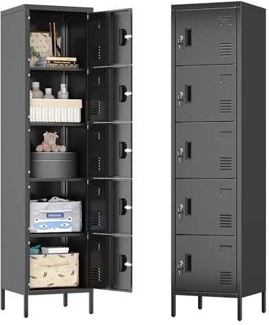 LOCENHU Armoire en métal avec trous d'aération - Armoire en métal à 5 portes - Avec porte-nom - Convient pour l'école, le bureau et la maison - À monter soi-même - 168 x 40 x 40 cm - Noir