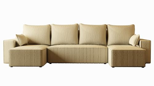 4ALL HOME Ecksofa mit Schlaffunktion Tobi U 316x145 cm - Couch - Sofa mit Bettkasten - Eckcouch - L-Form - Schlafsofa - Schlafsofa mit Bettkasten - Cord (Felipo 06 Cream, U-Form)