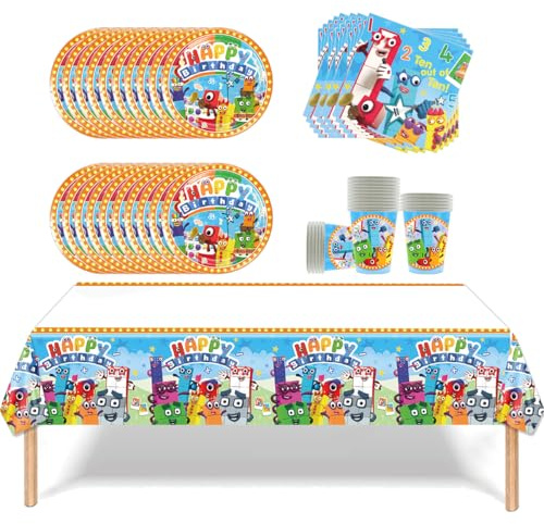 61 piece Digital party tableware, Building Blocks party decoration, Toy theme birthday party supplies set, Includes paper cups, plates, napkins and tablecloths(20 guests)