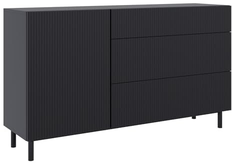 Selsey Kommode Mit Schubladen, 140 cm Breit, Schwarz Moderne Kommode Mit Einer Tür Und Gefräster Front, 3 Leisen Schubladen, Kommoden & Sideboards, Stabilität Durch Metallfüße