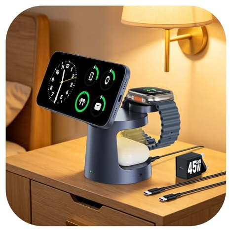 GEEKERA Qi2.2 25W 3-in-1 Charging Station with Night Light, Portable Magnetic Fast Charger for iPhone Air/17/16/15-12, Apple Watch Series 2-11, AirPods, includes 45W GaN Adapter, Gunmetal
