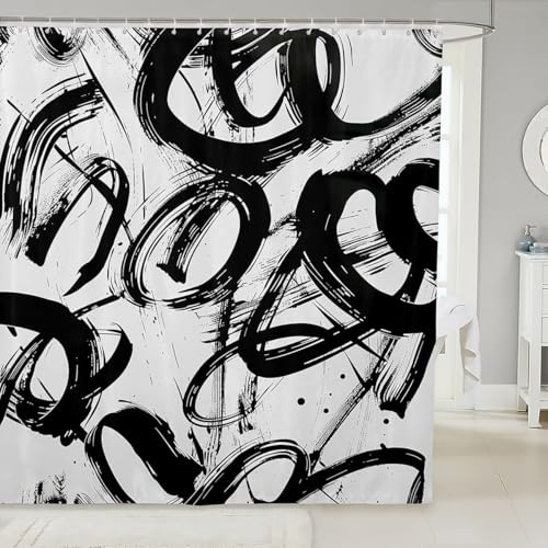 UUZEAI Schwarz Graffiti Duschvorhang 90 x 210 cm (B x H) Moderne Geometrie Duschvorhang Wasserdich Stoff Waschbar, Abstract Badezimmer Dekor für Dusche und Badewanne
