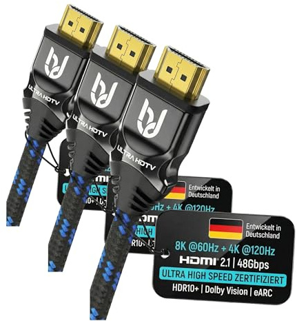 Ultra HDTV Premium 8K HDMI 2.1 Kabel 1m – Zertifiziert 48Gbps | 8K@60Hz 4K@120Hz | TV PS5 Xbox Soundbar | eARC Dolby Atmos HDR10+ | Nylon Kabel (Packung mit 3)