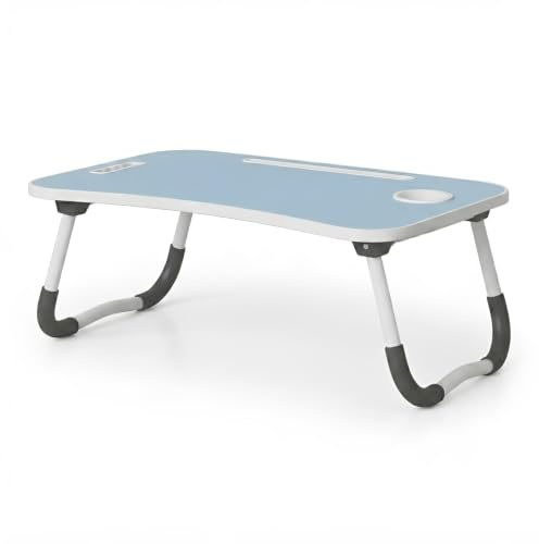 Sizi Foldable Blue Laptop Table for Bed with Cup Holder and Tablet Slot Portable MDF Wooden Lap Desk with Anti Slip Legs for Sofa Working Gaming Study and Breakfast