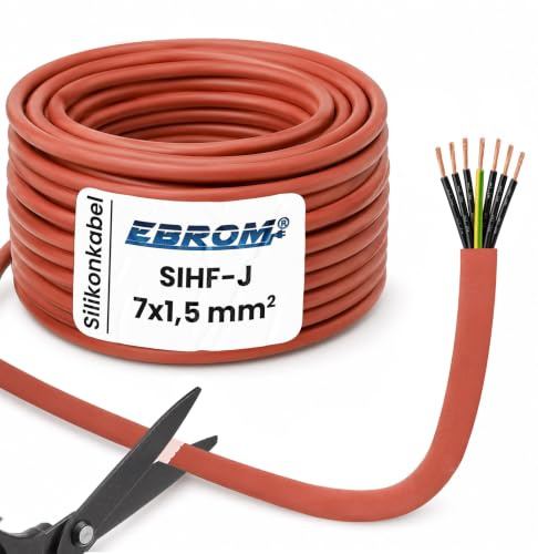 EBROM Silikonkabel Saunakabel SIHF-J 7x1,5 mm² - Länge: 2 Meter 7x1,5 mm2 | Ab 1 m bis 50 m, hitzebeständig bis 180 C° - Vollkupfer verzinnt Adern nummeriert, z.B. Saunaöfen, Industrieöfen, Heizanlagen