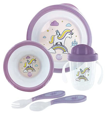 dBb Remond Coffret Repas Bébé 1er âge : 1 assiette & 1 bol 250 ml bases antidérapantes, 1 tasse anti-fuites 210 ml, 1 fourchette & 1 cuillère – Repas des Bébés dès 6 mois - 5 pièces - Décor Licorne