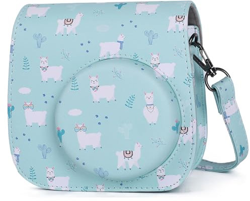 Leebotree Caméra Housse Compatible avec Appareil Photo Instantanés Instax Mini 12 11, Pochette Caméra Sacoche Rangement Protection Cuir PU Lisse avec Bandoulière et Poche Intégrée (Bleu Alpaga)