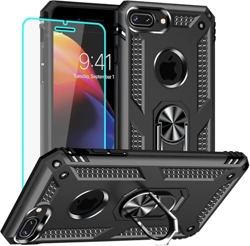 Yiakeng iPhone 8 Plus Case, iPhone 7 Plus Case With Screen Protector, Silicone Shockproof Military Grade Protective Phone Cover with Ring Kickstand for iPhone 7 Plus / 8 Plus (Black)