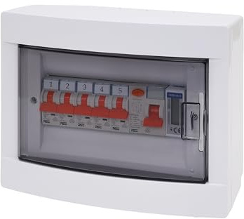 RSE Unterverteilung mit FI oder LS oder MID Zähler Stromverteiler Verteilerkasten Aufputz oder Unterputz, 4x LS 1P C16A, 1x LS 1P C10A, 1x FI2P 40A, 1x Z 1P MID, Aufputz 8 Module