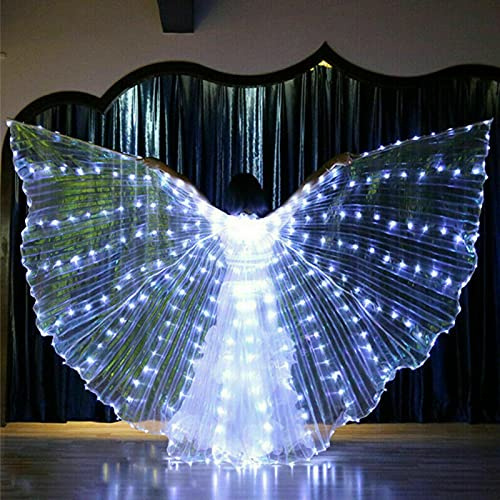 QOTSTEOS LED-Flügel, für Bauchtanz, beleuchtet, Bühnenkleidung, 360-Grad-Performance-Requisiten für Bühnenshow, Halloween-Party, Party, Club, mit Teleskopstäben für Damen/Mädchen (weiß)