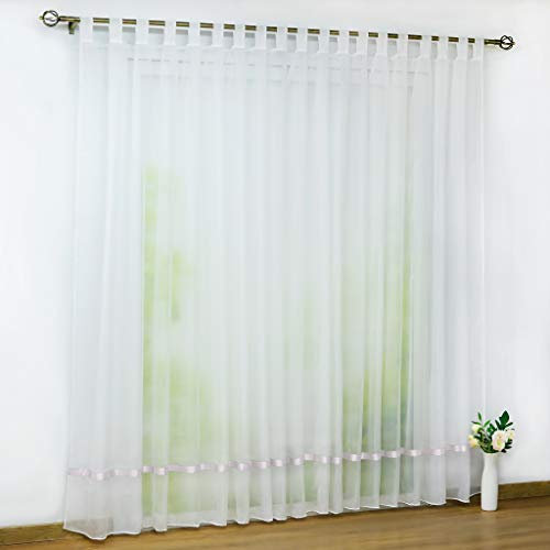 CORLIF Voile Gardine mit Schlaufen transparenter Vorhang mit Satinband Design Schals Fenster Vorhänge Weiß BxH 300x145cm 1er Pack