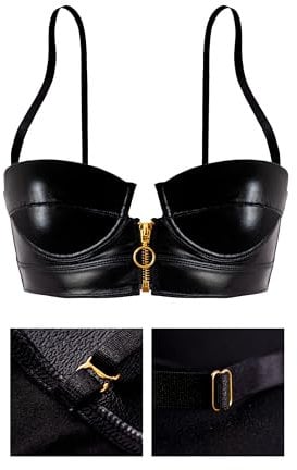 LOVE YOU SEXY Women PU Faux Leather Balconette Bra with Front Zipper-Open Black 34B