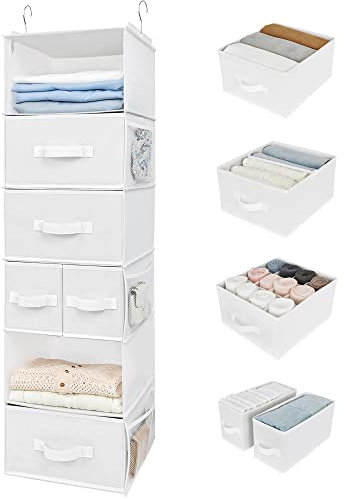 GRANNY SAYS 6-Shelf Hanging Clothes Organiser for Wardrobe Tidy, Pack of 1 Foldable Hanging Wardrobe Shelves with Drawers and 6 Side Pockets, White Fabric Hanging Organiser for Organisng Jumper Socks