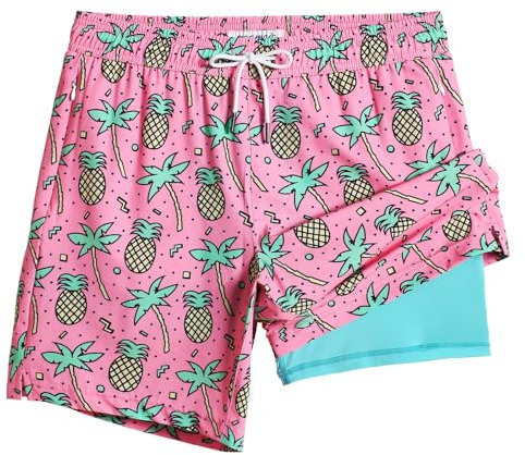 MaaMgic 2 in 1 Pantaloncini da Bagno da Uomo Asciugatura Veloce Costume da Bagno per Surf sulla Spiaggia Multi-funzioni Allenamento con Fodera di Compressione 7 Pollici,Rosa Cocco Ananas,XS