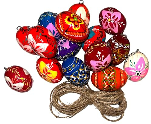 Ukrainisches Kunsthandwerk® 13 KLEINE (Wachtelei) Holz Ostereier Handbemalt Ink. Aufhänger für draußen Handarbeit aus der Ukraine (Blumen/Ornamente)