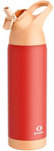 ENCOOL Isolierte Edelstahl-Trinkflasche mit Strohhalm und Trageschlaufe, doppelwandig, kalt für 36 Stunden, auslaufsicherer Deckel für Sport, Reisen, 680 ml, Rote Rose