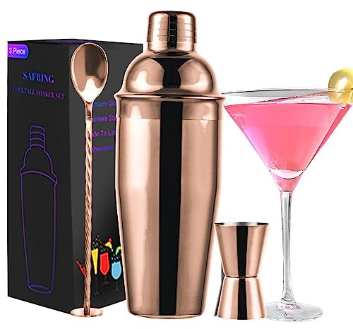 Safring 24oz Cocktail Shaker Bar Set, Martini Shaker with Built-In Strainer, Measuring Jigger, Mixing Spoon, Professional Stainless Steel Large Bartender Drink Shaker Margarita alcohol Mixer-Rose Gold