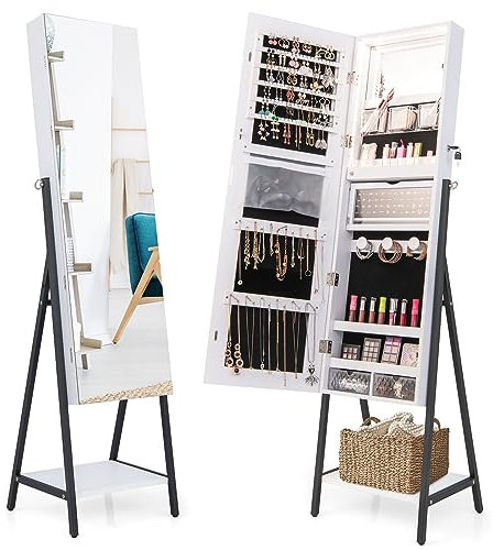 RELAX4LIFE Schmuckschrank mit Spiegel, Spiegelschrank mit LED Beleuchtung & Ablage & 2 Schubladen & Zahlreichen Fächern, Abschließbarer Schmuckorganizer mit Metallgestell (Weiß)