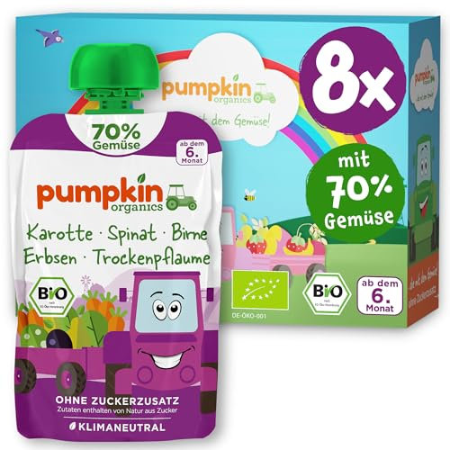 Pumpkin Organics Bio Gemüse-Quetschie Karotte, Spinat, Birne, Erbsen, Trockenpflaume ohne Zuckerzusatz¹ - ab dem 6. Monat - als Snack oder Beikost für unterwegs - glutenfrei (8x100g)