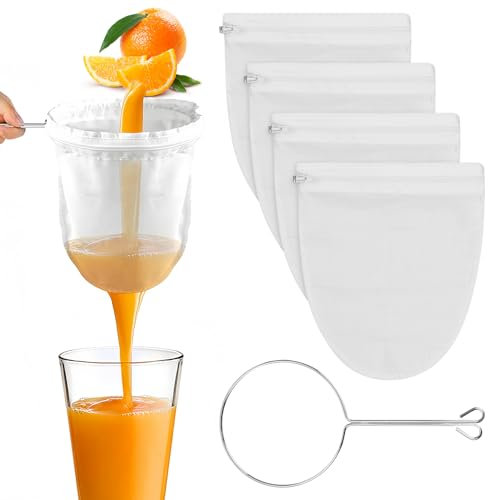4 Pieces Nut Milk Bags with Stainless Steel Handle, Reusable Cloth Strainer Filter, High Density Cheesecloth Bags, Washable Juice Strainer for Almond Milk, Coffee, Nut Milks, Vegetable Juices
