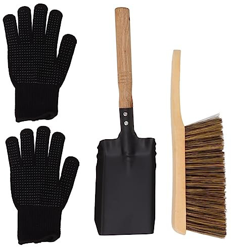 Kuuleyn Ensemble De Pelles à Charbon Et De Brosses De Foyer, Ensemble De Brosses De Pelle à Cendres De Cheminée, Outils De Nettoyage De Foyer à Charbon pour la Maison avec des Gants en Silicone Noirs