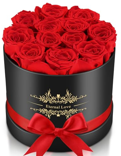 12 Blume für immer in eleganter Box, 100% konservierte echte Rose hält bis zu 3 Jahre, Ewige Rose konservierte Blumen für die Lieferung Prime Valentines Mütter Jahrestag Geburtstag Geschenke für