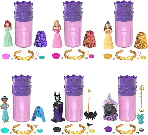 Mattel Disney Princess Toys, kleine Puppen-Überraschung, königliche Farbenthüllung, 6 Überraschungen inklusive Puppe, Armband und 4 Teile, Prinzessinnen- oder Bösewicht-Serie (Puppen können variieren)