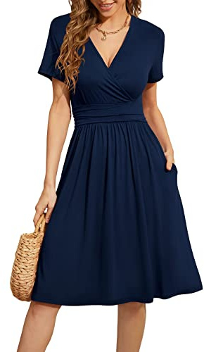 Actcat V-Ausschnitt Kleid Kurzarm Casual Kleider Sommerkleid mit Taschen | mit Taschen,Wrap,Elegant,a linie,Freizeitkleid,Floral Kleid