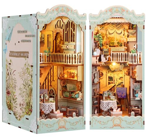 Quanquer Kit de coin de livres de bricolage : maison de poupée Booknook miniature en bois avec lumière LED, style rustique frais 3D puzzle en bois pour adultes, 14 ans + (journal pastoral)